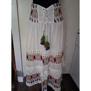 Place Nationale White Embroidered Lace-Up Tassel Maxi Skirt Size 2 NWT